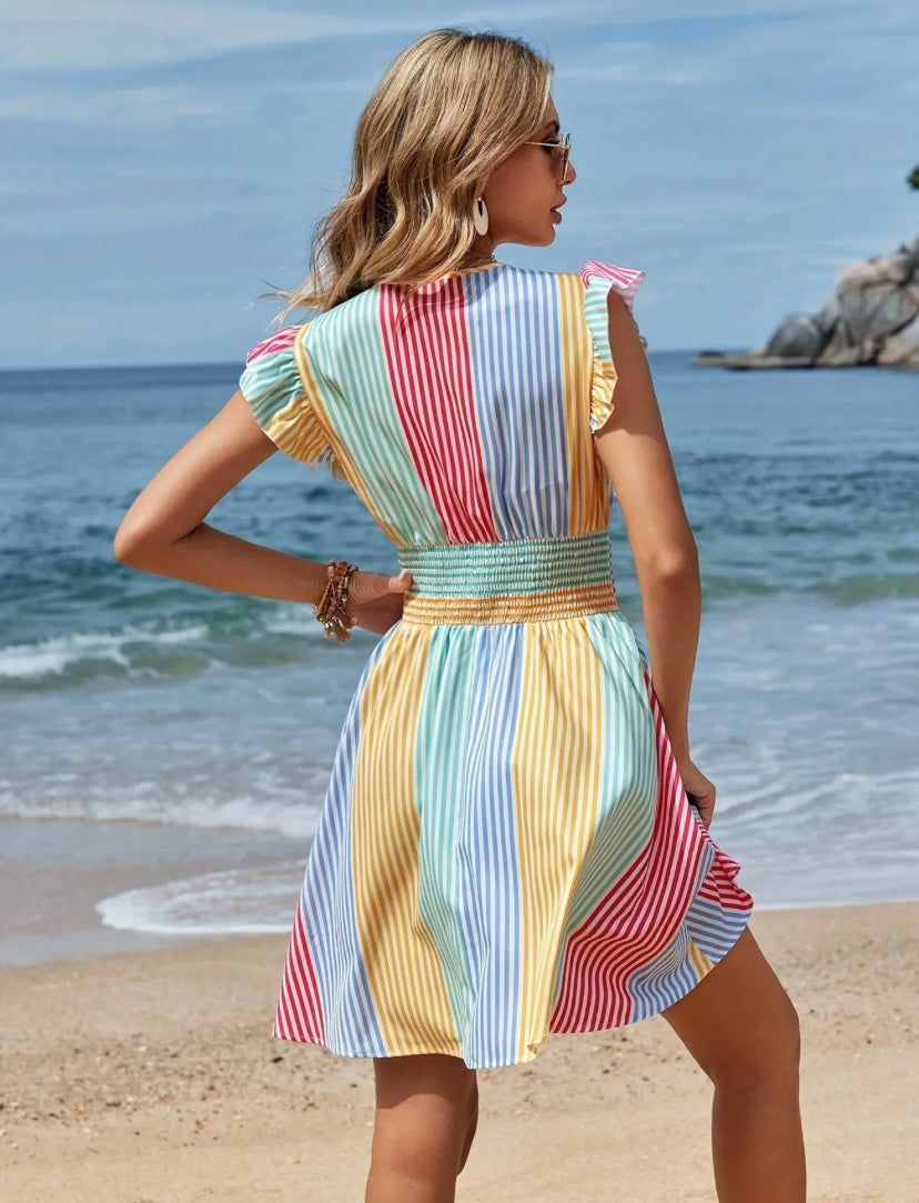 Multi Colored Striped V Neck Flutter Sleeve Dress